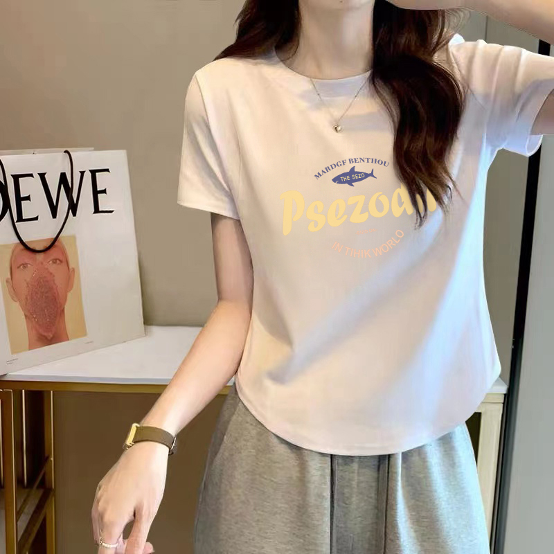 Pure Cotton Asymmetrical Short Sleeve T-Shirt Women's Clothing Spring and Summer Small Slim Looking round Arc Hem Chic Short Tops
