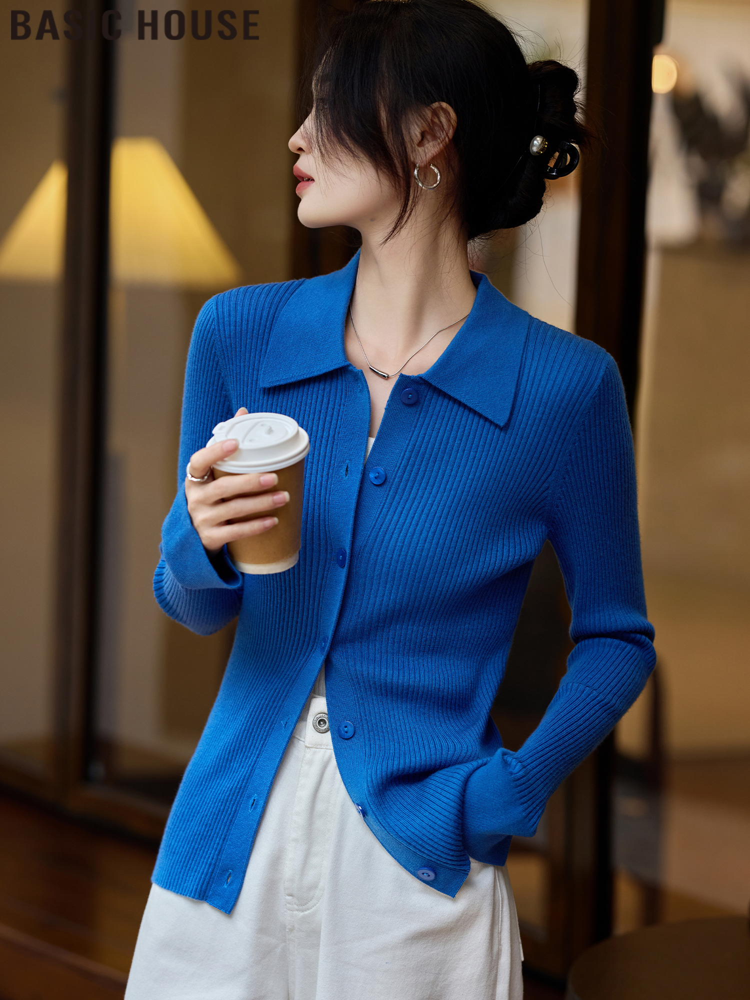 Basic House/Baijiahao Moon Blue Polo Collar Sunken Stripe Knitting Cardigan Sweater Female 2025 Spring New Arrival