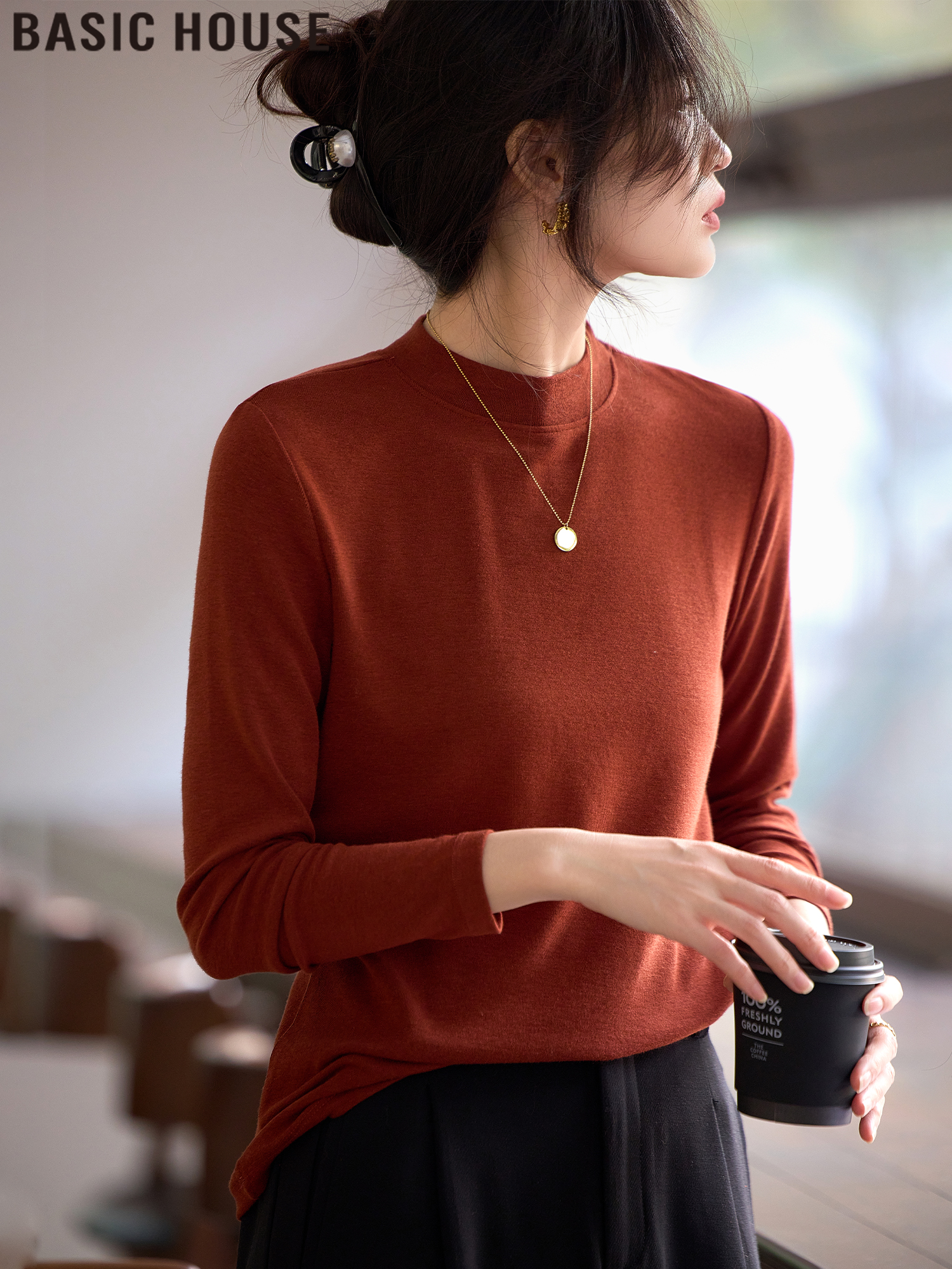 Basic House/Baijiahao New Year Red Half-High Collar Long Sleeves T-shirt Tops Ladies 2025 Spring New Arrival
