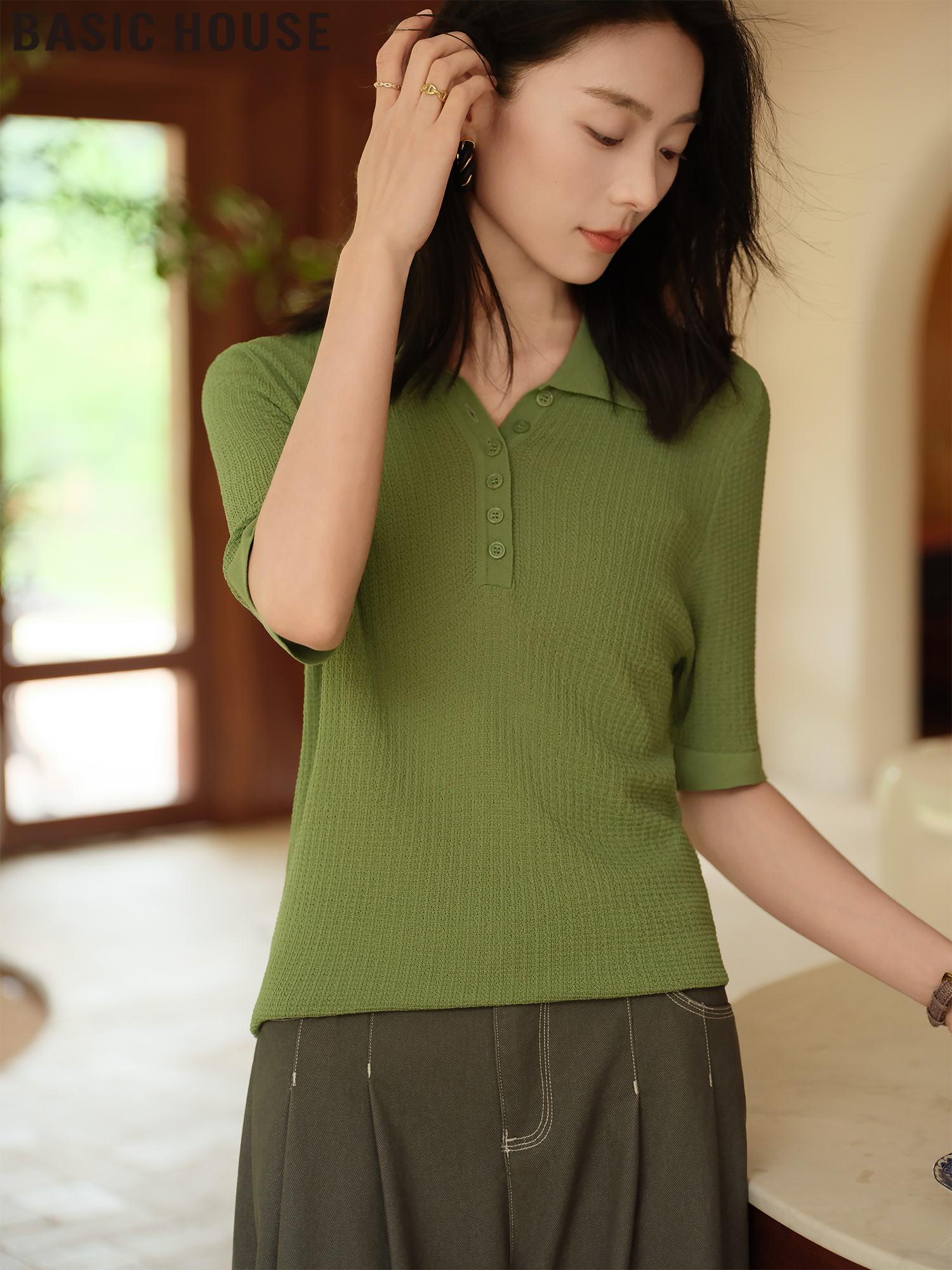 Basic House/Baijiahao Recovery Green Polo Collar Stretch Short Sleeve T-shirt Tops Female 2025 Summer New Arrival
