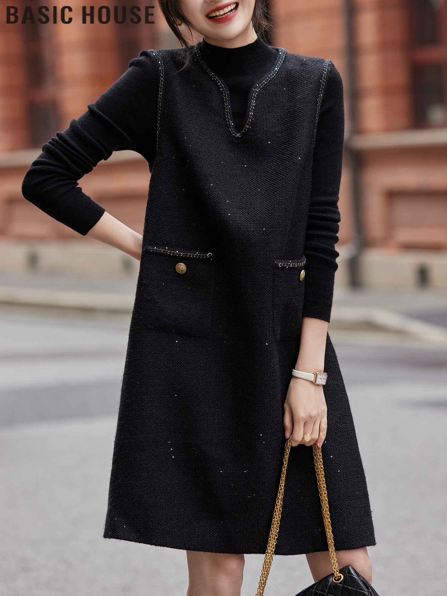 Basic House/Baijiahao Mid Length Long Length Classic Style Wool Black Woolen Vest Dress Women's Spring