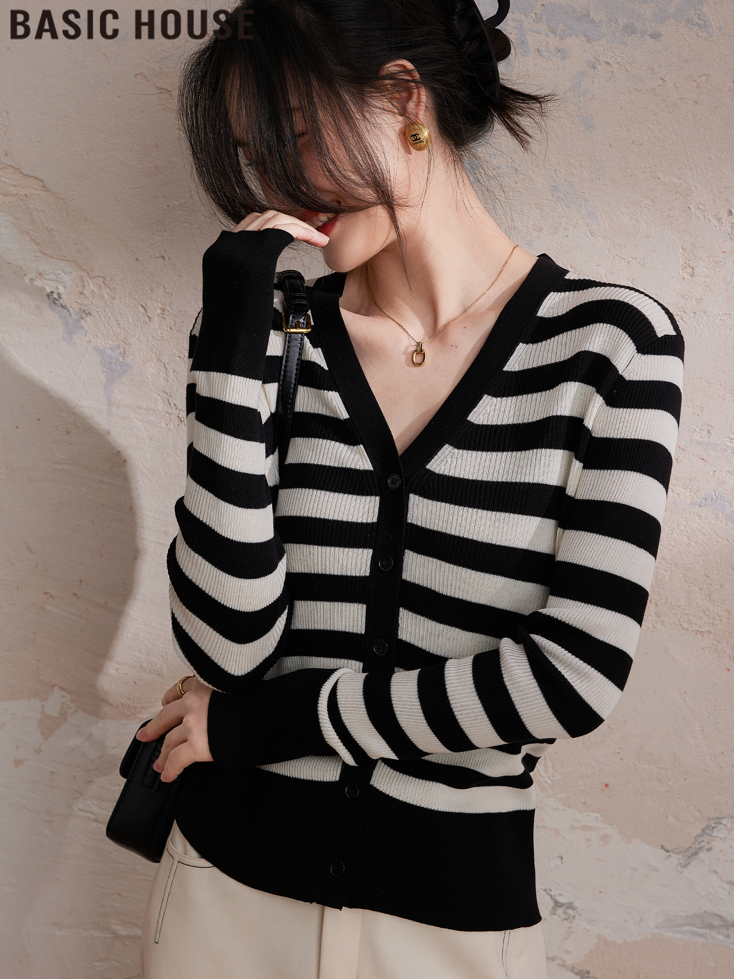 Basic House V-neck Stripe Knit cardigan Women Spring Slim fit Bottoming Shirt