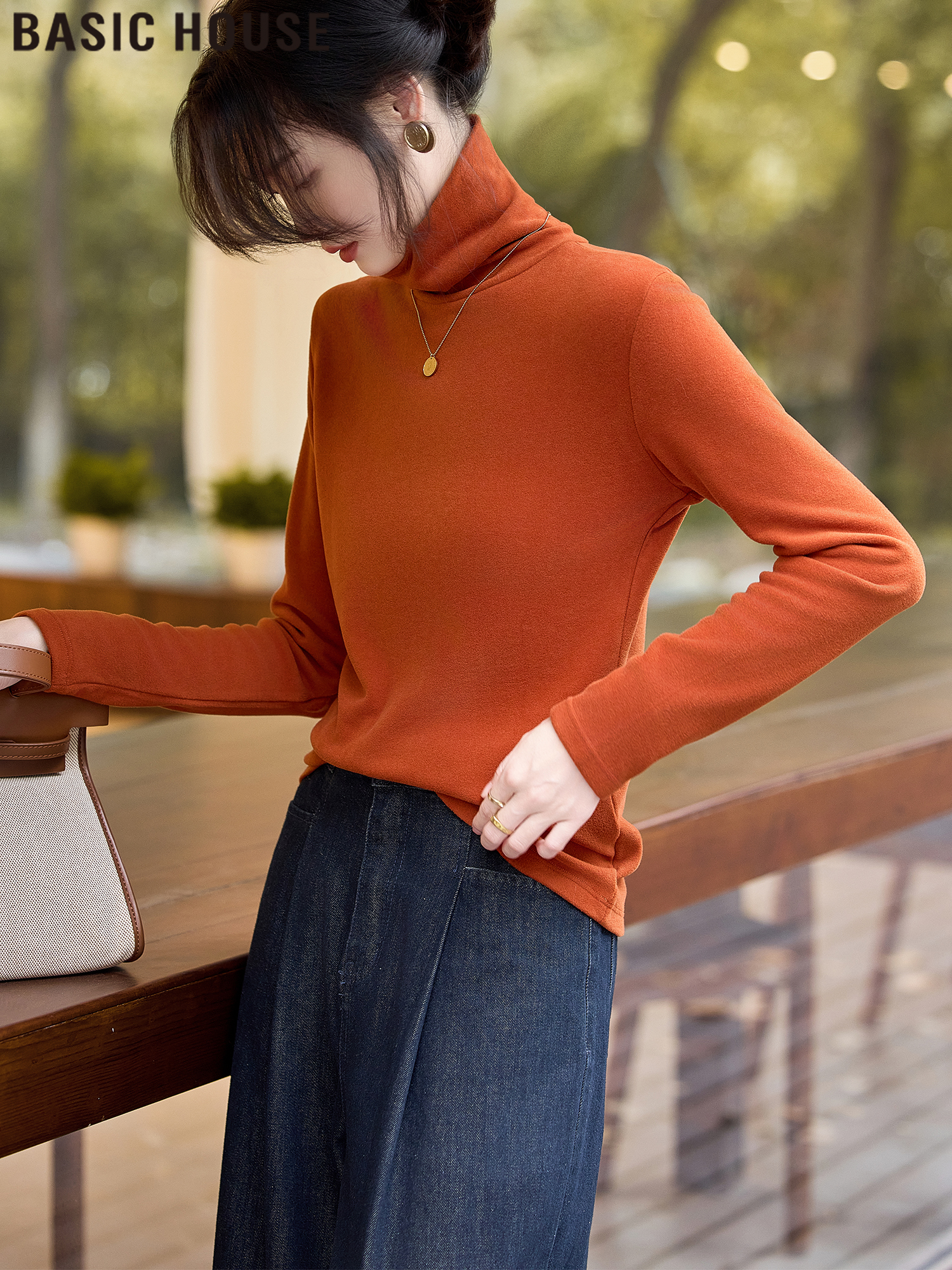 Basic House/Baijiahao Nanfa Fair Orange Turtleneck Dralon Bottoming Shirt Women's Spring Pile Collar Tops