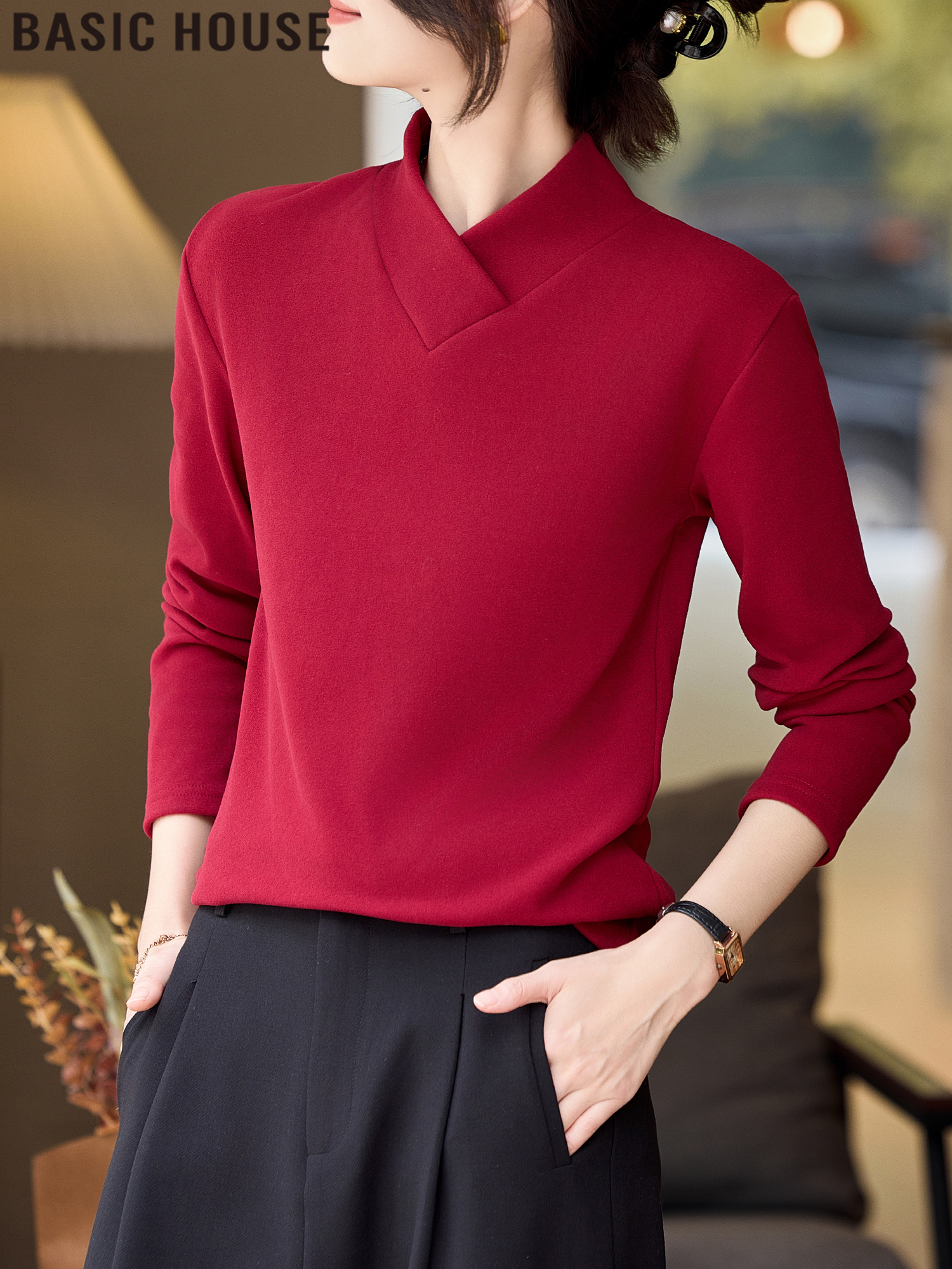 Basic House/Baijiahao Classy Minimalist Easiest for Match Ankela Red Half Turtleneck Shoulder Bottoming Shirt for Women Spring