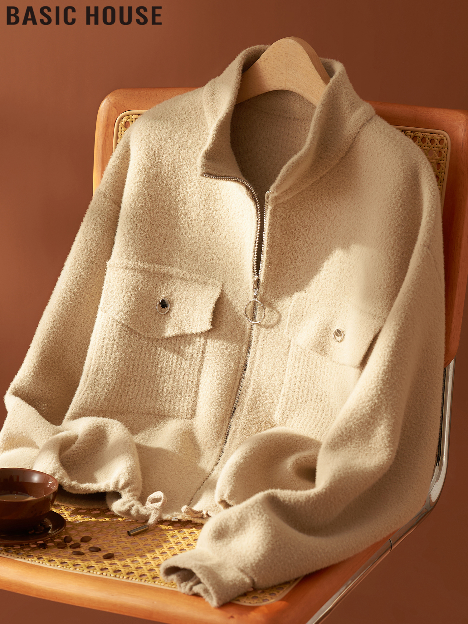 Basic House Camel Double-Sided Velvet Outwear Women's Spring Autumn Short Zipper Cardigan