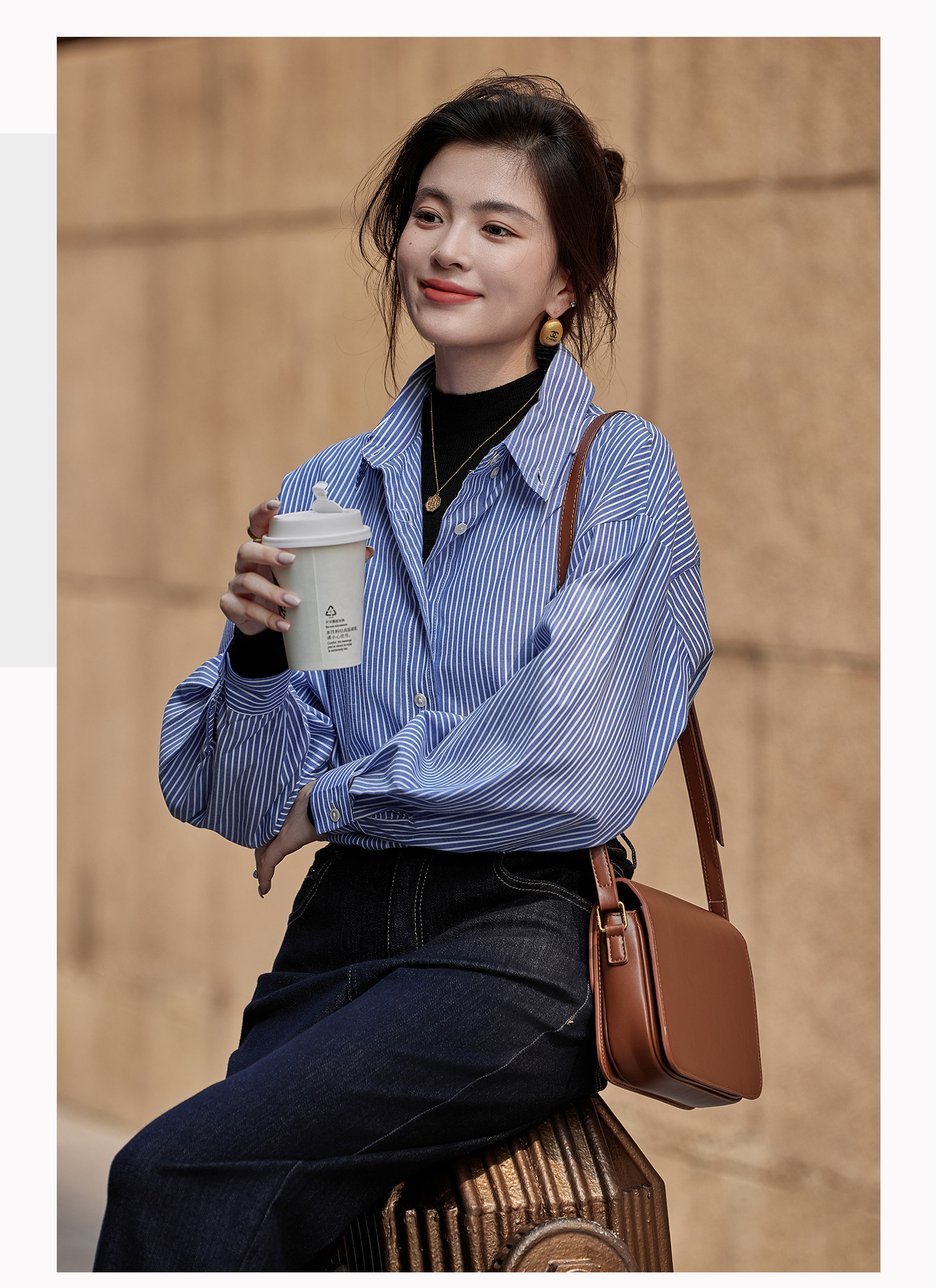Basic House/Baijiahao Stylish Mid Length Long Length Vintage Striped Shirt Tops Female 2025 Spring New Arrival