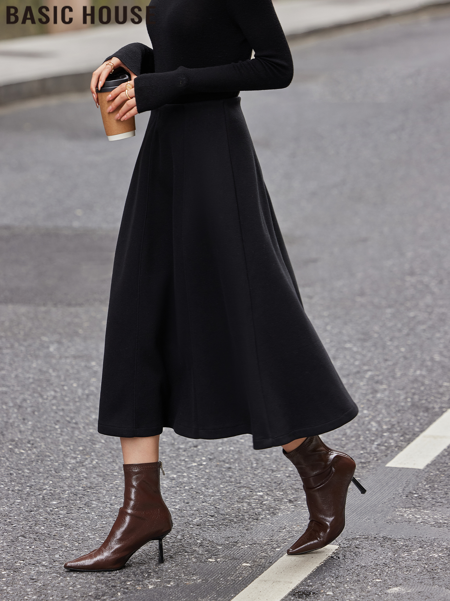 Basic House/Baijiahao Elegance Accompanying Mid Length Long Length Woolen Skirt Hepburn Style Little Black Dress Female Spring