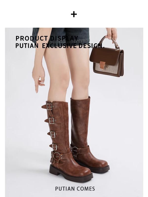 Miu * Home Knight Boots Belt Buckle Chunky Heel Martin Boots Female Genuine Leather Retro below the Knee Boots Western Cowboy Boot