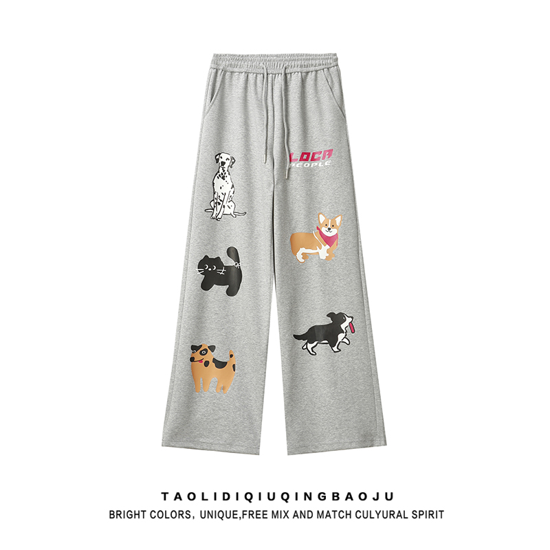 Retro Cartoon Puppy Graffiti Gray Sweatpants Women's Autumn Loose BF Idle Style Drape All-Matching Straight Casual Pants