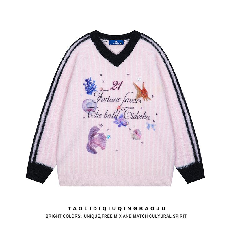 Cute Soft Glutinous V Neck Imitated Mink Furry Sweater Female Lazy Winter Casual Easiest for Match Sweet Girl Stripes Knitwear Tops