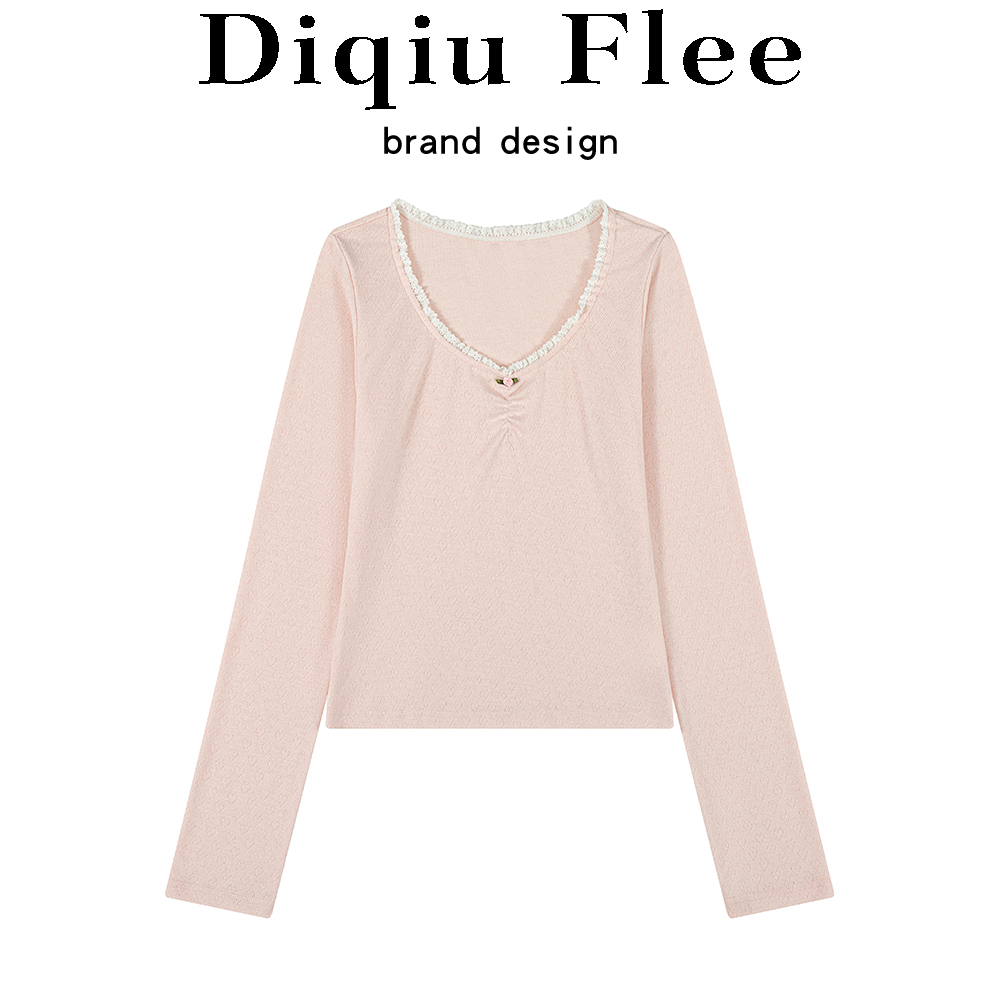 Pure Desire Style Lace Patchwork Long Sleeves Shoulder T-Shirt Women's Korean Ins Silm Slim Looking Niche Style Chic Pink Upper Part Clothes