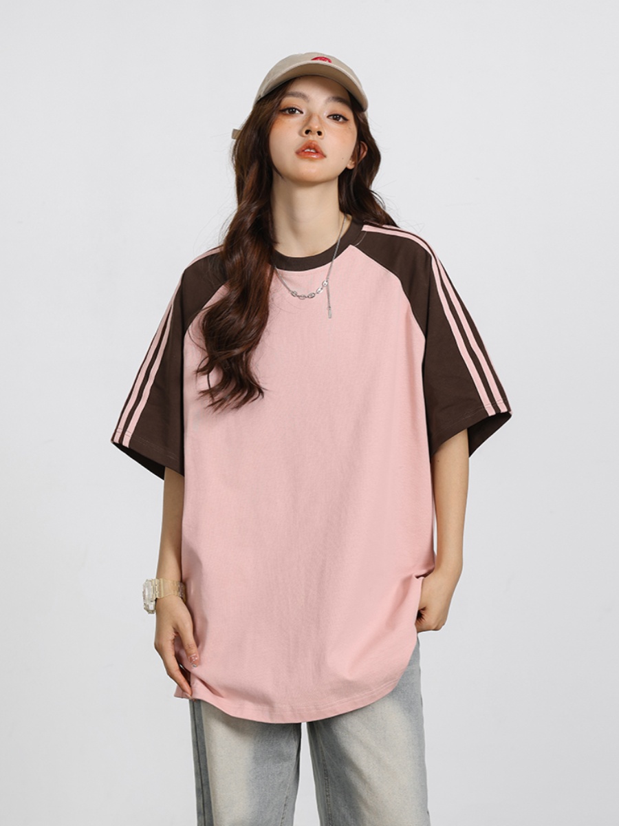 American Retro Three-Bar Color Matching Short-Sleeved T-shirt for Women Trendy Couple Loose Preppy Style Summer Raglan Sleeve Tops