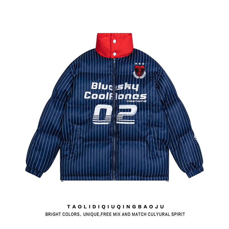 Sports Style Contrast Color Stripes Stand Collar Bread Coat Female Winter Tide Loose Couple Outfit Windproof Thermal Cotton-Padded Coat
