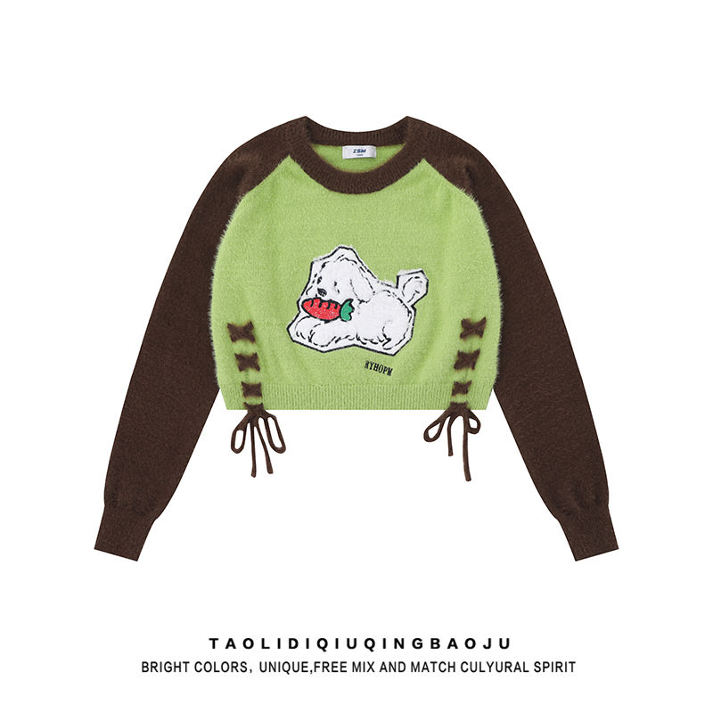 Sweet Sexy Cute Puppy Embroider Long Sleeves Knitwear Female Stylish Niche Style Lace up Slimming Slim-Fit Crop-Top