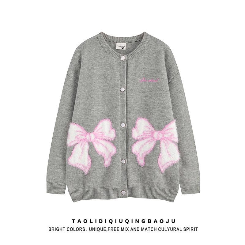 Korean Gray Bows Soft Glutinous Sweater Cardigan Female 2025 New Lazy Wind Loose Slimming Sweater Outwear