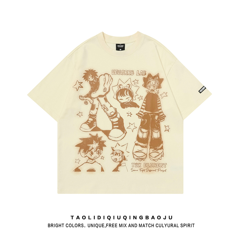 Retro Print Crew Neck Casual Couple Wear Half Sleeve Cartoon