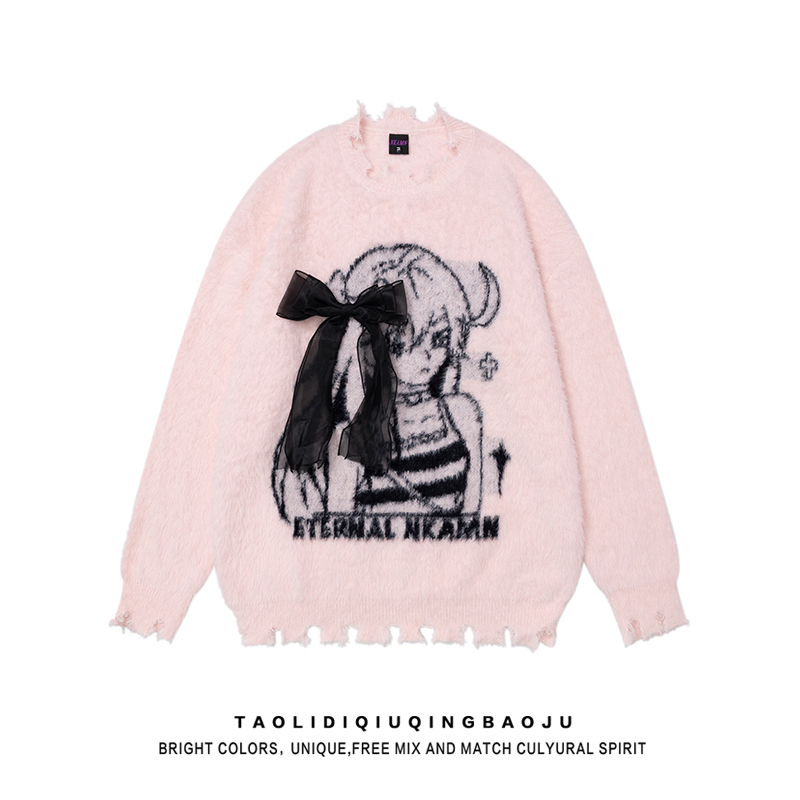 Two-Dimensional Animation Young Adult Wear Pink Sweater Female Winter Comfortable Loose Easiest for Match Niche Style Worn Knitwear