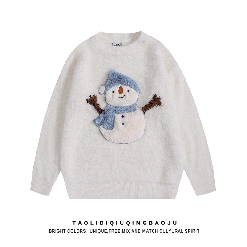 Christmas Snowman Flocking round Neck Sweater Women's 2025 New Arrival Loose Lovers Wild Long Sleeves Knitwear Tops