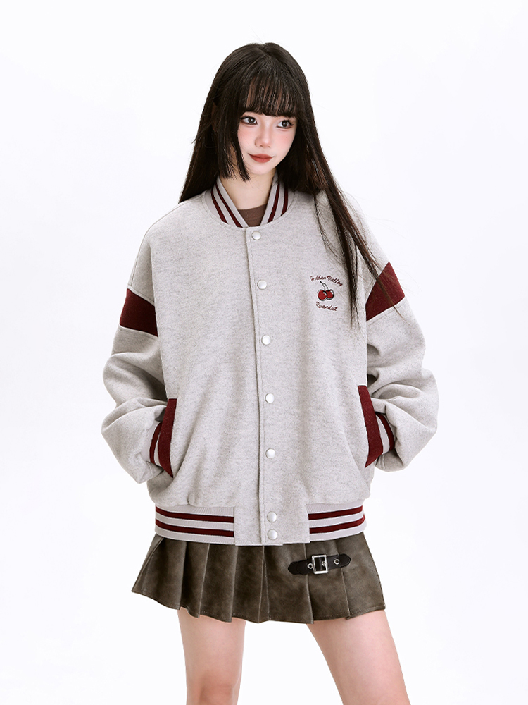 Trendy Retro Contrast Color Jacket Loose BF Cherry Embroidery