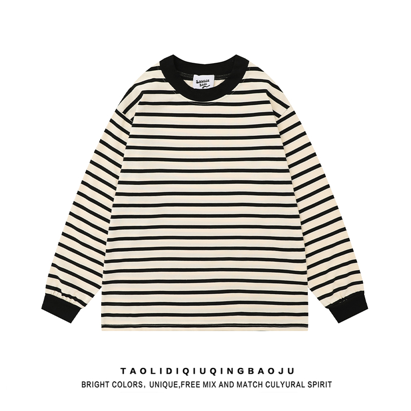 Japanese-Style Retro Contrast Color Striped Crew Neck Long Sleeves T-shirt Female Idle Style Casual Easiest for Match Couple Hong Kong Style Chic Tops