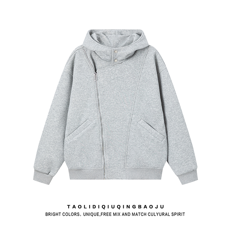 Stylish Double Zipper Gray Hooded Sweatshirt Women 2025 New Arrival Best Selling High Street Couple Wear Loose Fleece Padded Coat