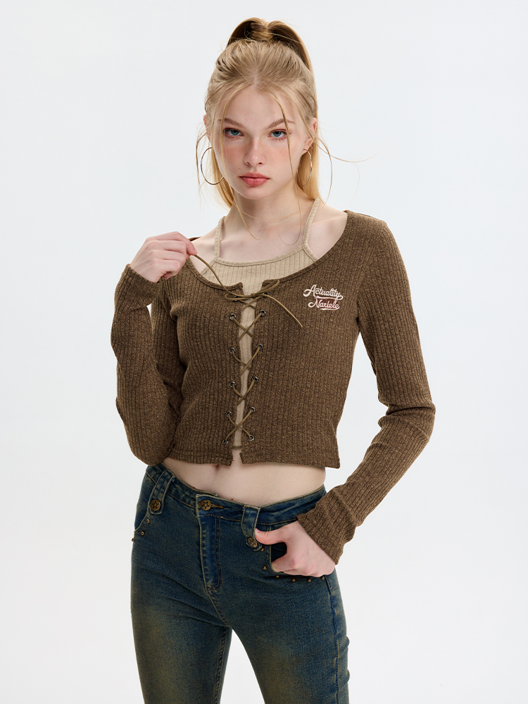 BM Retro Slimming Silm Stylish Long Sleeves Fake Two-Piece