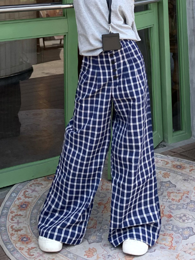 Retro Blue Gingham Casual Pants for Women 2025 New Arrival Lazy Relaxed Pants Loose Drooping Straight Mopping Pants