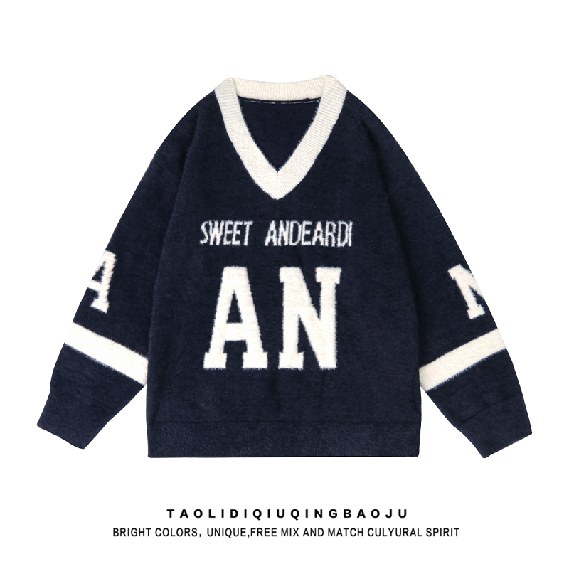 American Contrast Color Letter Jacquard Mohair Sweater Female Winter Comfortable Loose Lovers Wild V-neck Sweater