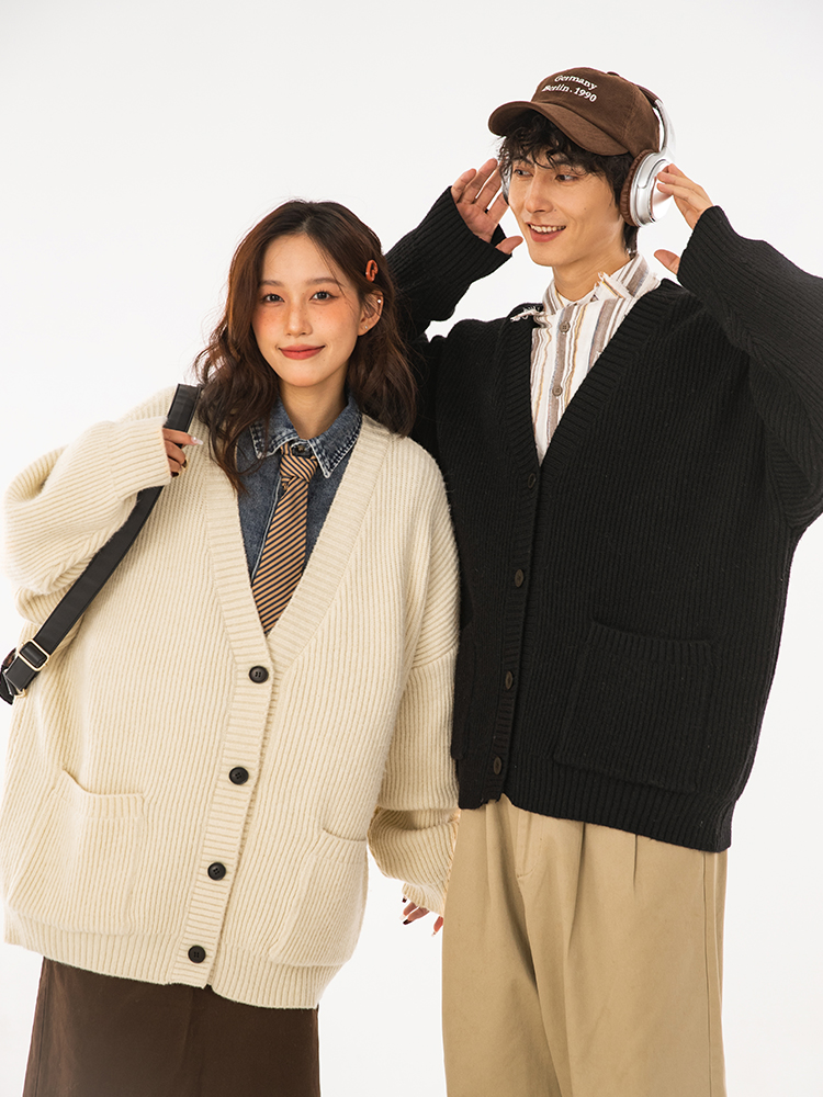K-style Retro College Style V Neck Cardigan Sweater Women's Autumn Loose Leisure All-Matching Couple Clothes Knitwear Outwear