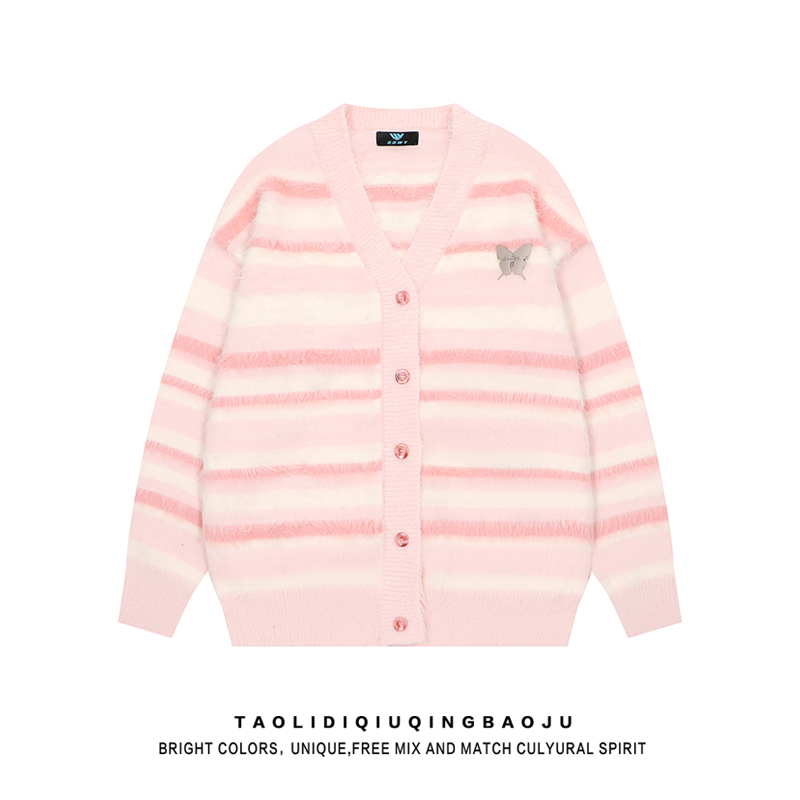 Milk Fufu Color-Block V Neck Loose Casual Soft Glutinous Cardigan