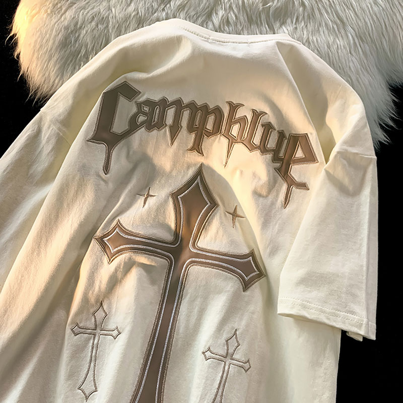 Fashion Street European and American Loose Half Sleeve Tee Cross Embroidery