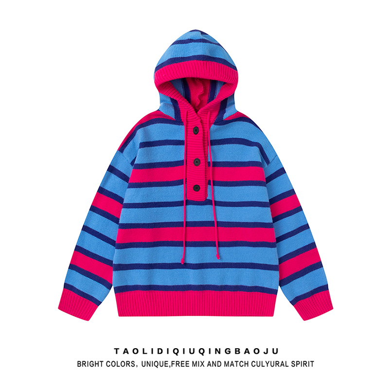 American Retro Stripes Contrast Color Hooded Knitwear Women's Autumn Couple Loose and Idle Relaxed Feeling Sweater Outwear