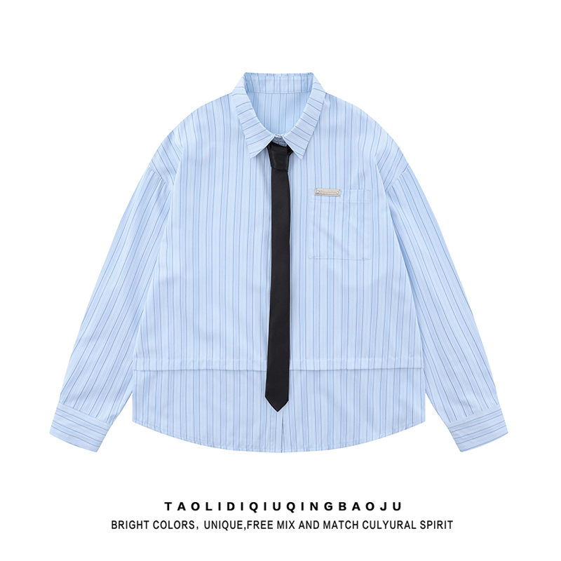 Stripes Long Sleeves Shirt Retro Casual Outwear with Tie