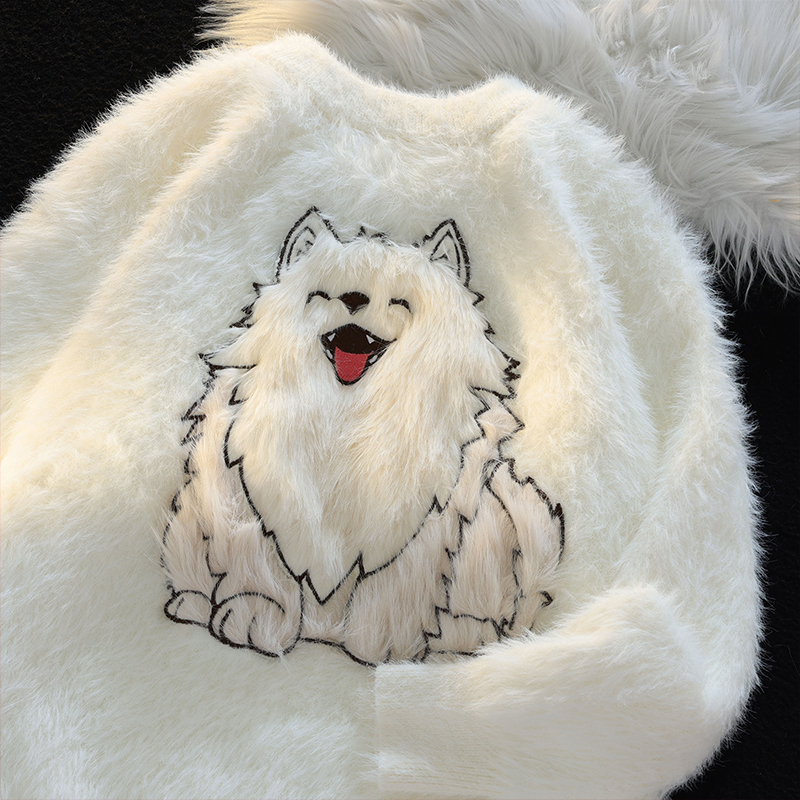American Cartoon Puppy Soft Glutinous Mohair Sweater Female Winter New Arrival Loose Easiest for Match Couple Clothes Knitwear Tops