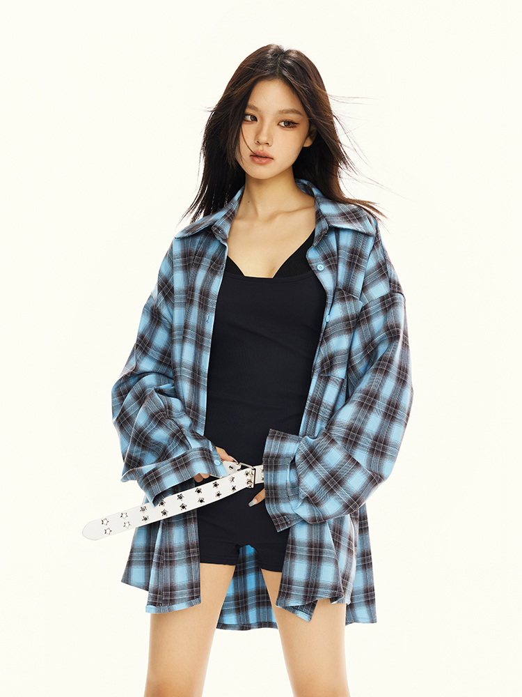 American Retro Blue Gingham Long Sleeves Shirt Women Fall Loose Chic Idle Style Couple Casual Cardigan Outer Wear