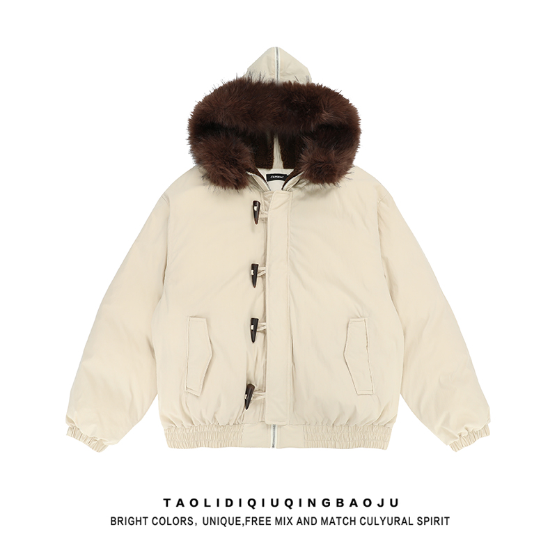 American Retro Horn Button Large Fur Collar Cotton Clothes Women's Winter Thick Loose Warm with Velvet Hooded Cotton Coat Tide
