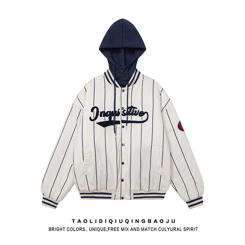 Detachable Hat Vertical Stripes Baseball Cotton-Padded Jacket Female American Street Loose Lovers Wild Winter Cotton Padded Thick Coat