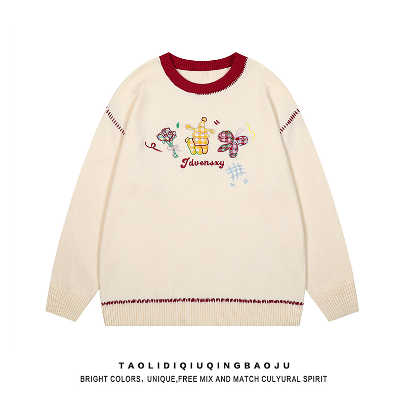 Funny Embroidery Color-Block Crew Neck Loose Couple Cartoon