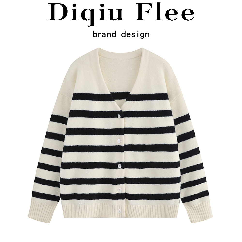 Japanese-Style Retro Mixed Color Stripe V Neck Sweater Female Fall Idle Style Casual Easiest for Match Student Knitting Cardigan Outwear