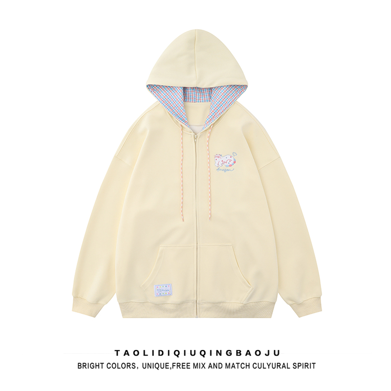 Sweatshirt Japanese Style Milk Apricot Casual Easiest for Match Cat Embroider