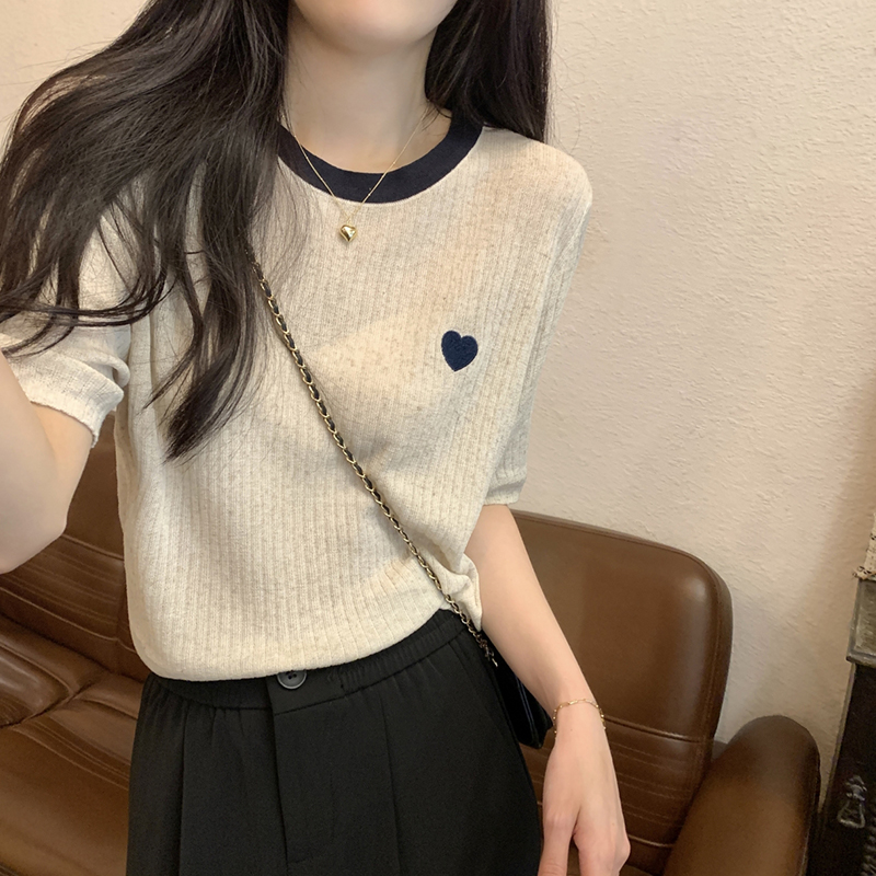 K-style Heart Embroider Contrast Color round Neck Short Sleeve Knitwear Women's Summer Retro Slimming Silm Shoulder Short Tops