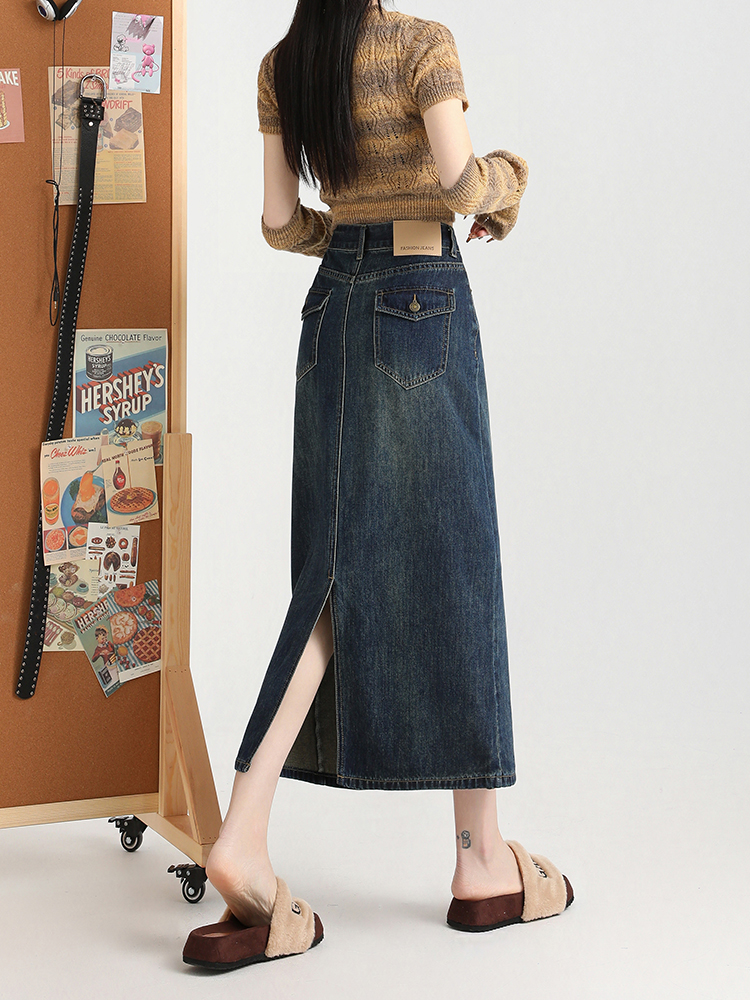 Retro Blue High Waist Denim Skirt for Women 2025 New Arrival Temperament Wild Mid Length Long Length Split A- line Sheath Skirt