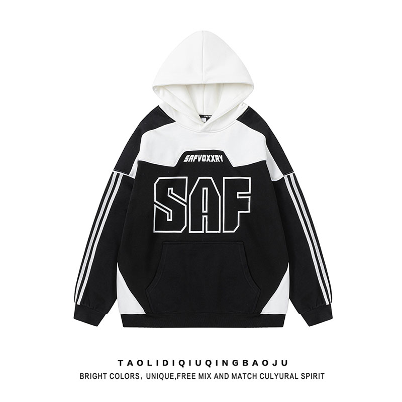 Chinese Fad American Contrast Color Stripes Velvet Padded Hooded Sweatshirt Women's Autumn Loose Street Couple Wear Sports Jacket