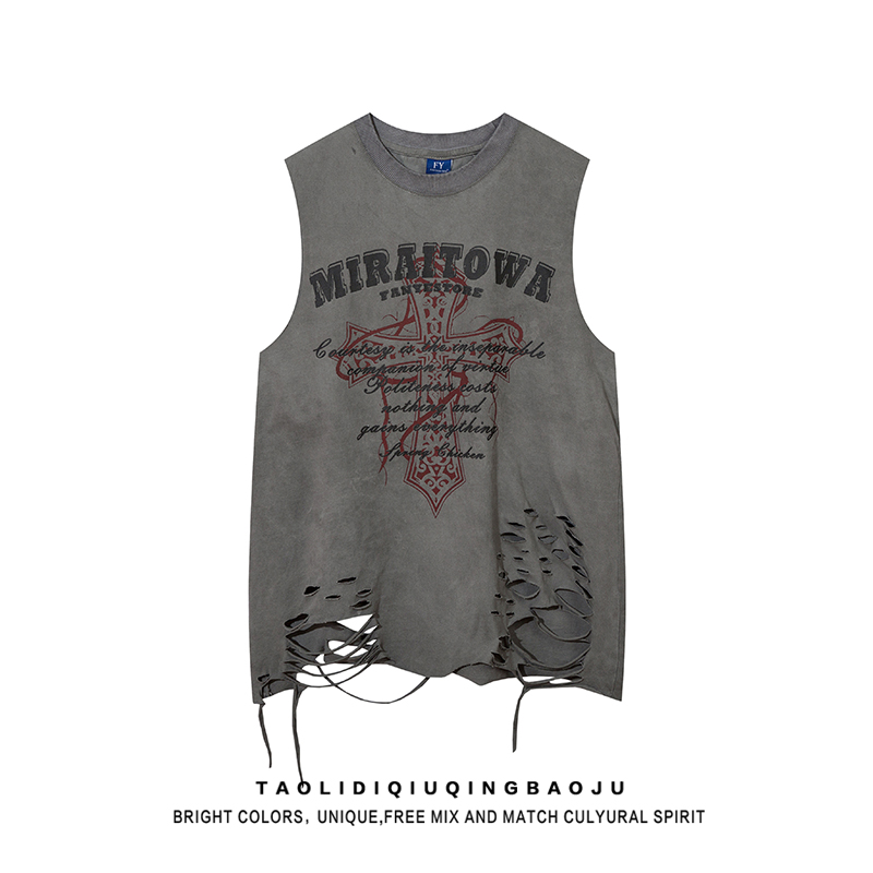 American Fashion Brand Stylish Ripped Vest T-shirt Female Summer Loose Hip Hop Casual Niche Style Sleeveless Waistcoat Tops