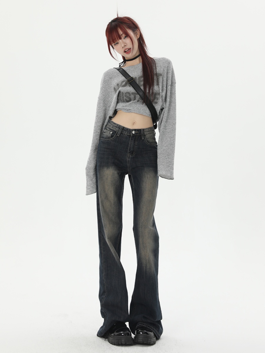 Trendy American Washed Slightly Flared Fleece Padded Jeans