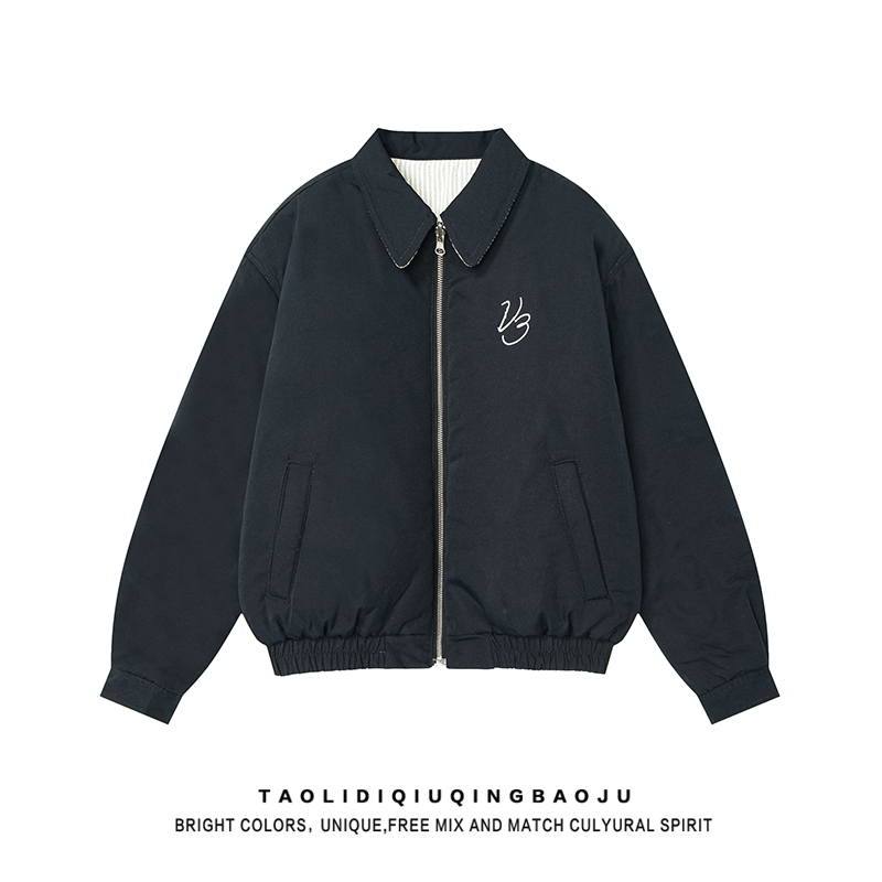 Double-Sided Wear Patchwork Stripes Lapel Cotton Coat Jacket Female Winter Tide Loose Basic All-Matching Thickened Warm Cotton Coat
