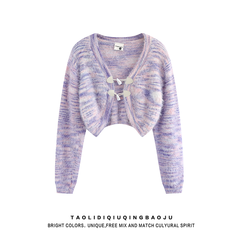 Sweet and Spicy Style Purple Gradient Mohair Sweater Female 2025 New Design Sense Silm Slimming and Short Knitting Cardigan