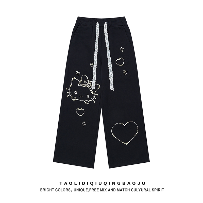 Creative Pearl Cat Shoelace Black Sweatpants Female 2025 New Arrival Korean Loose Casual Straight-Leg Draping Mopping Pants