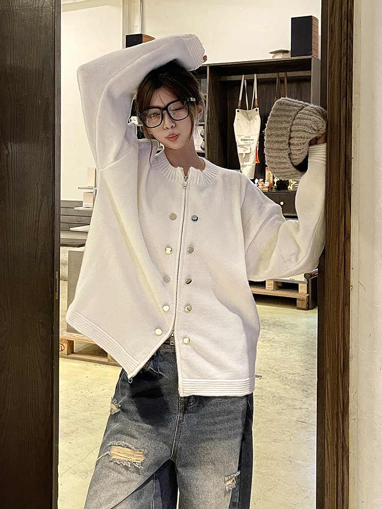 Stylish Fastener Decoration White Cardigan Sweater Women Fall Idle Style Loose Slimming Long Sleeves Knitwear Outwear
