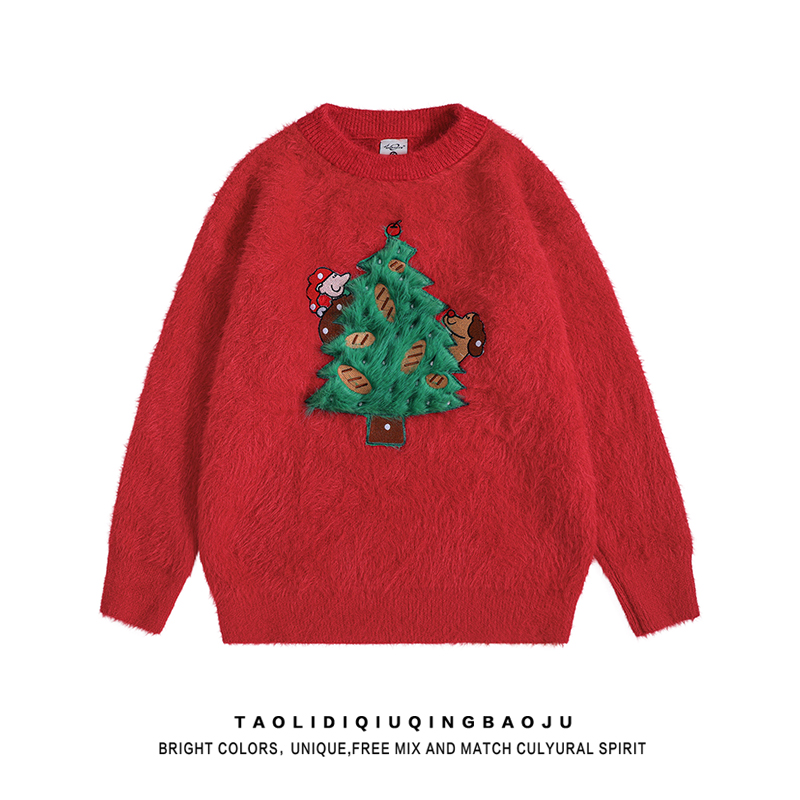 Christmas Atmosphere Red round-Neck Sweater Female 2025 Winter Loose and Lazy Style Mohair Knitwear Tops Winter
